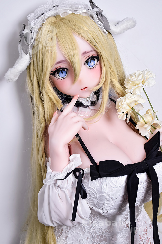 Anime-style doll with long blonde hair, blue eyes, wearing a white lace dress with black bow ribbons and a lace headpiece, holding cream-colored flowers.