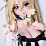 Cosplay doll with long blonde hair and blue eyes, wearing a white lace dress with a black ribbon, offering white flowers toward the viewer.