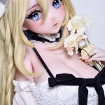 Anime-style doll with blue eyes and long blonde hair in a white lace dress, holding white flowers.