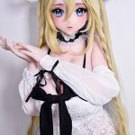 Anime doll in a white lace dress with long blonde hair and blue eyes, posed gracefully with hands near the chest.