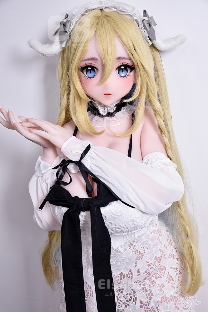 Anime doll in a white lace dress with long blonde hair and blue eyes, posed gracefully with hands near the chest.