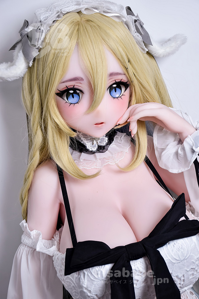 Life-like anime doll with blonde hair and blue eyes, wearing a lace headpiece and black‑and‑white lingerie, posed with hand near its face.
