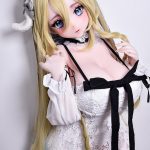 Life-like doll in a white lace maid outfit with long blonde hair and blue eyes, wearing a lace headband with bunny ears, posing close to the camera.