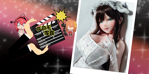 Collage: left side shows a cartoon clapperboard with two chibi characters on a starry gradient, right side shows a framed photo of a woman in a white lace wedding dress.