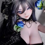 Lifelike anime-style doll in a black lace dress holding blue roses, with purple eyes and dark accessories.