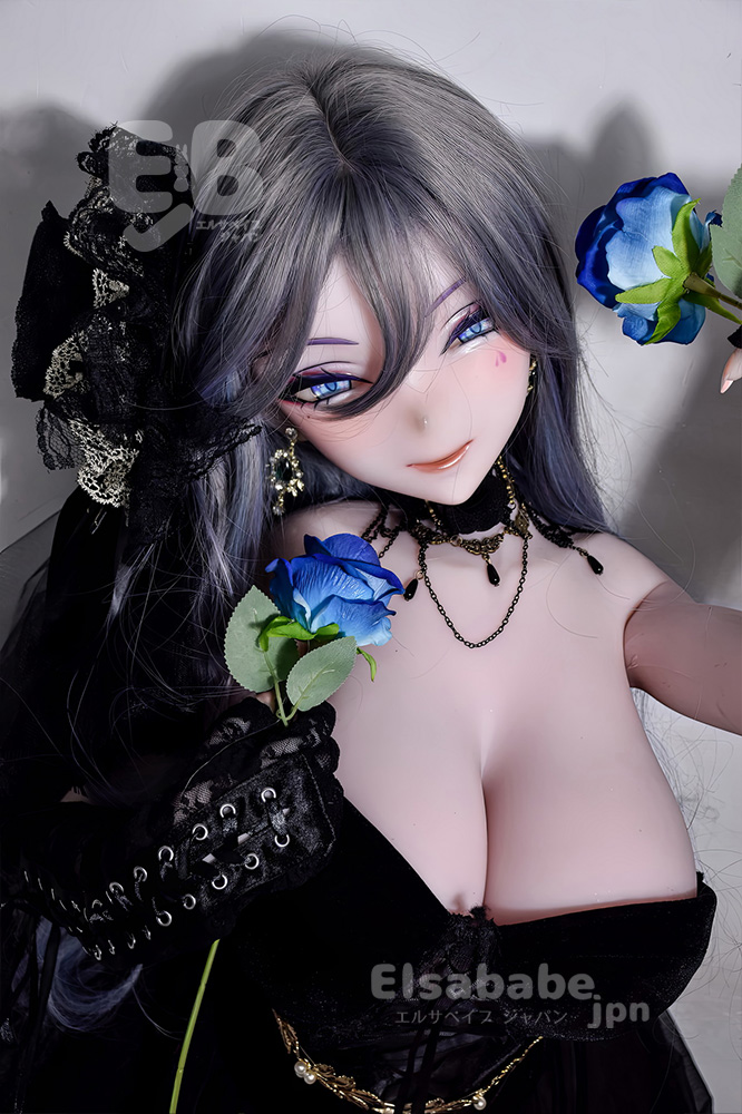Lifelike anime-style doll in a black lace dress holding blue roses, with purple eyes and dark accessories.