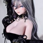 Anime-style fashion doll with silver-gray hair and blue eyes, wearing a black lace gown and gloves, posed with an outstretched arm.