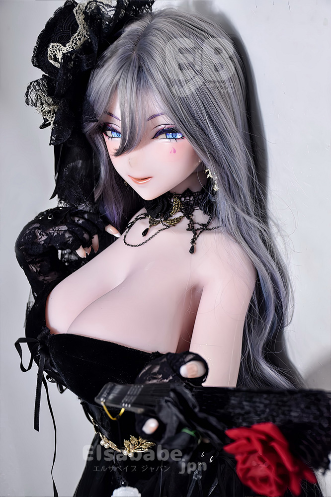 Anime-style fashion doll with silver-gray hair and blue eyes, wearing a black lace gown and gloves, posed with an outstretched arm.