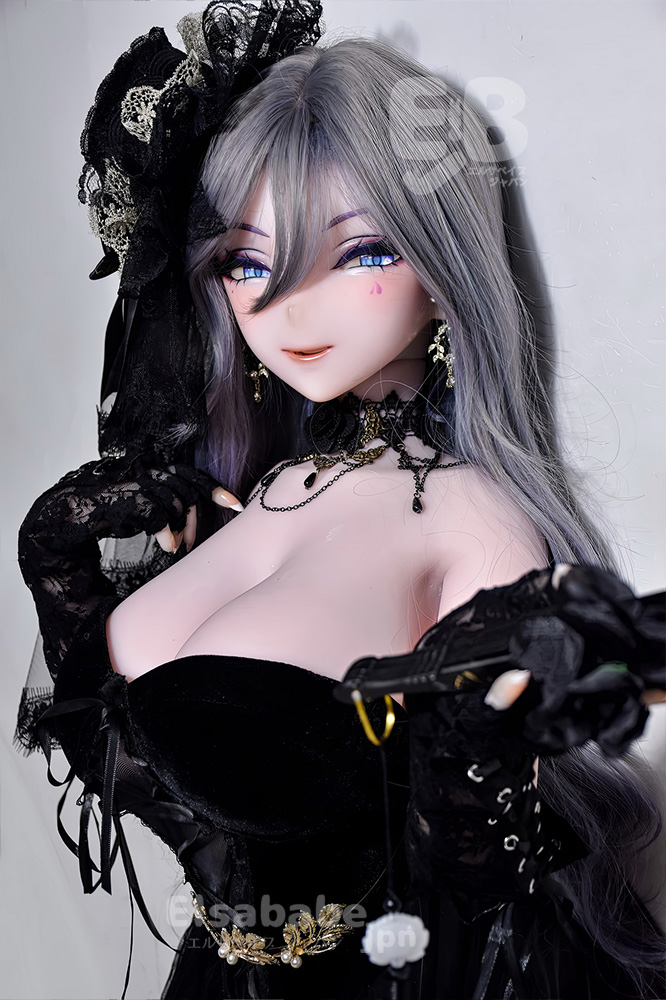 Life-like anime doll with long gray hair and blue eyes, wearing a black lace gothic gown and jewelry.