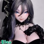 Life-like anime doll with gray-purple hair, blue eyes, black lace dress, gloves, and jewelry; Elsa Babe Japan branding.
