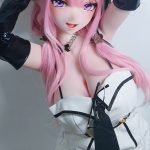Anime-style doll with pink hair and purple eyes, wearing a white lace dress with black accents and long black gloves, posing playfully.