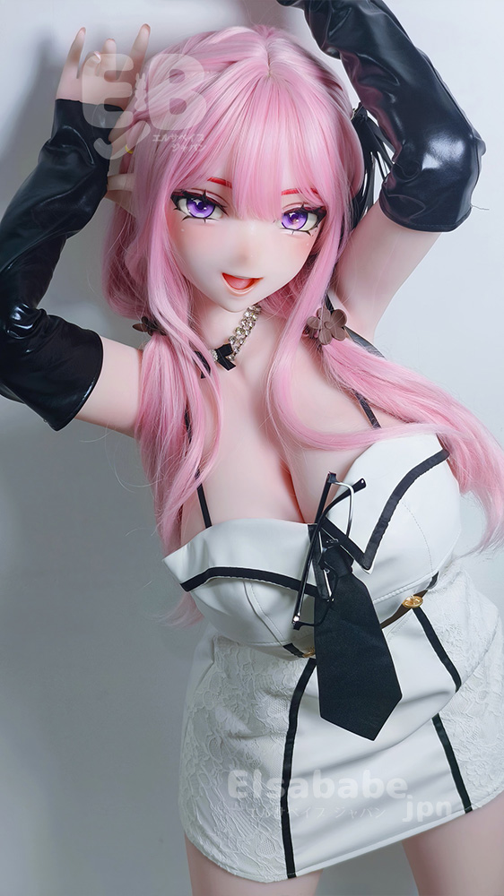 Anime-style doll with pink hair and purple eyes, wearing a white lace dress with black accents and long black gloves, posing playfully.