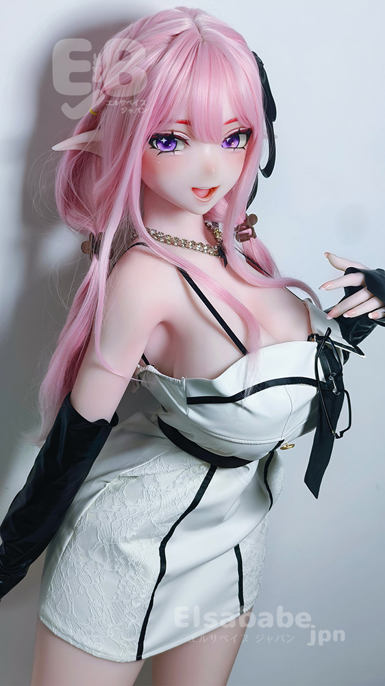 Anime-style doll with pink hair and elf ears wearing a white lace dress with black accents, posing against a light background