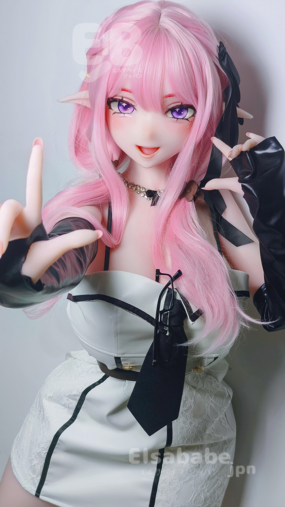 Anime-style doll with pink hair and elf ears wearing a white dress with black ribbons, posing toward the camera with hands up.