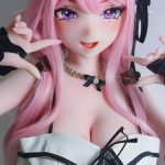 Life-like doll with pink hair and purple eyes, wearing a white corset with black ribbons, posed with hands near the face.
