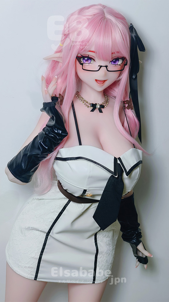 Cosplay doll with long pink hair, glasses, and a white and black dress, posing with a hand near her face.