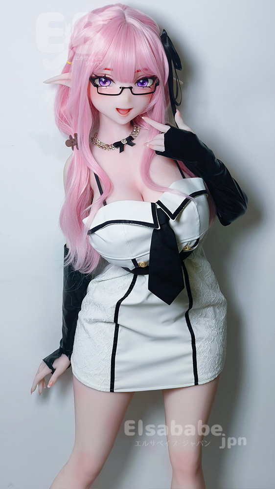 Cosplay-style mannequin/doll with pink hair, elf ears, glasses, and a white black-trim mini dress posing with a finger to her lips, wearing long black gloves.